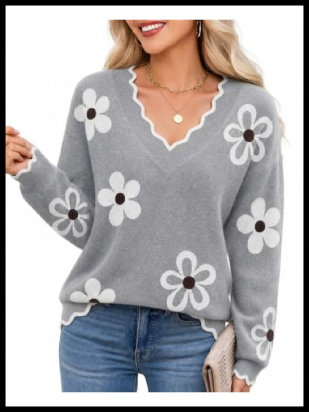 V Neck Long Sleeve Knit Sweater Pullover for Women